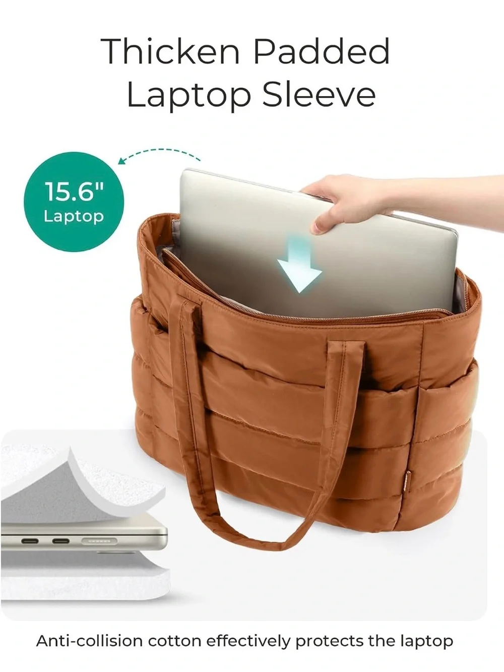 Quilted Laptop Tote in Chestnut Brown with Removable Strap